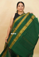 Dark Green - Karthigai silk cotton plain saree with Rettapetta Border