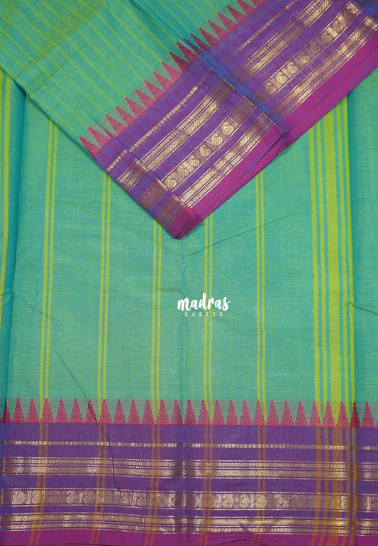 Dualshade blue green - Karthigai silk cotton multi border with stripes body