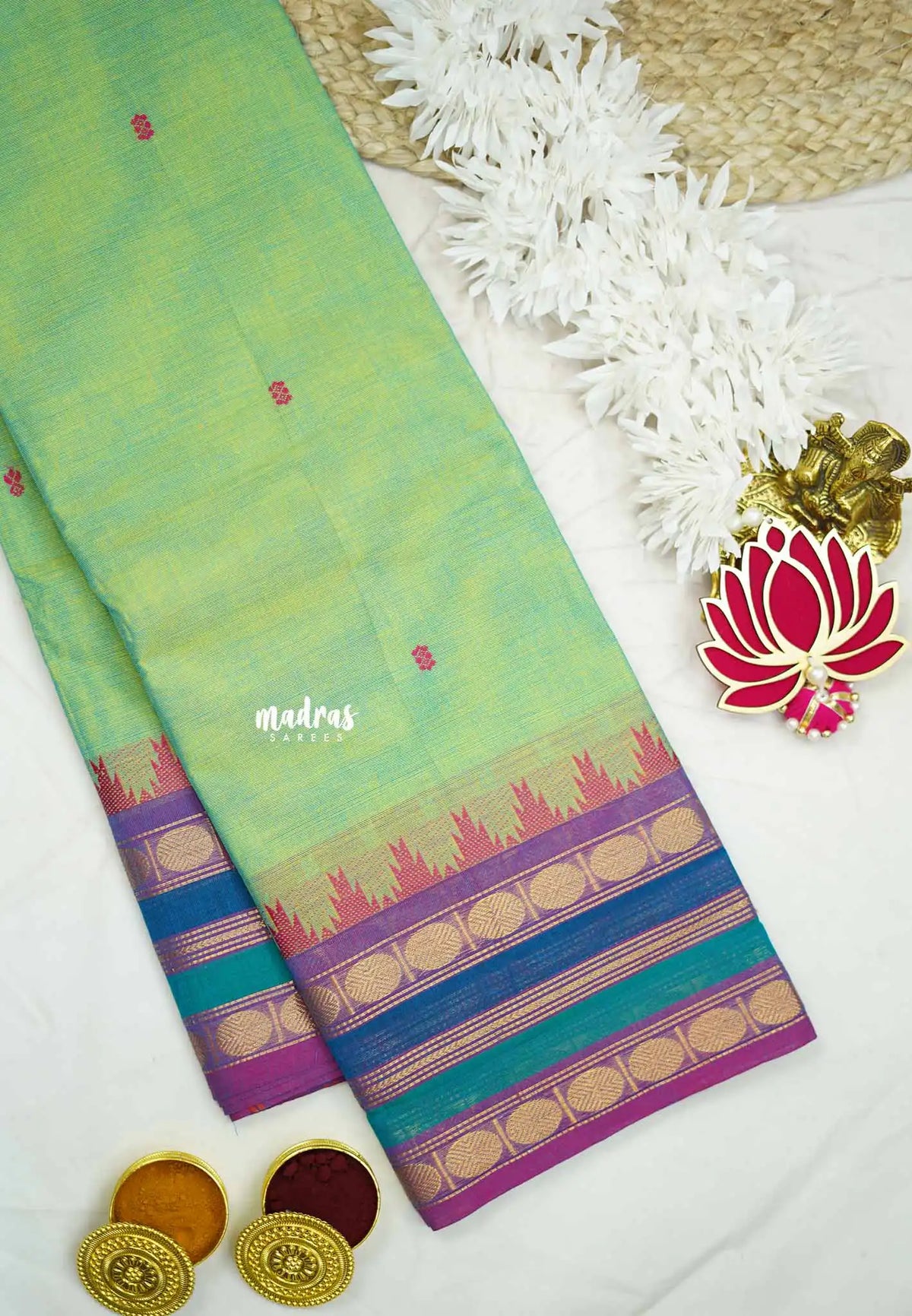 Karthigai silk cotton multicolor rudraksham border - Dual shade Bluish Green