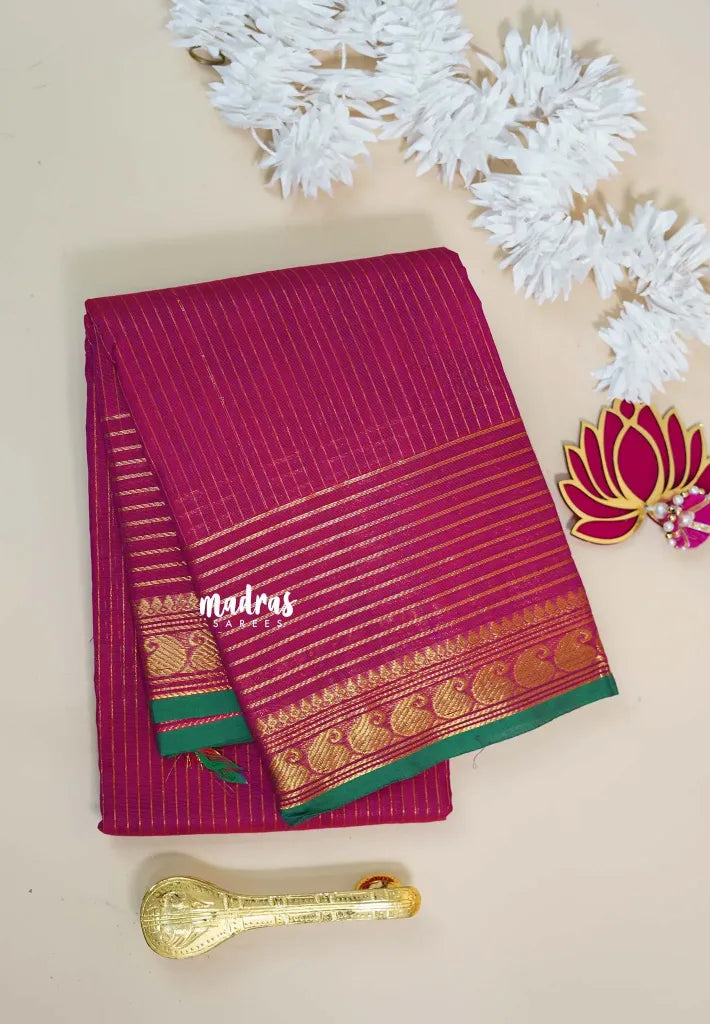 Queen's Pink - Karthigai silk cotton with golden stripes weaving