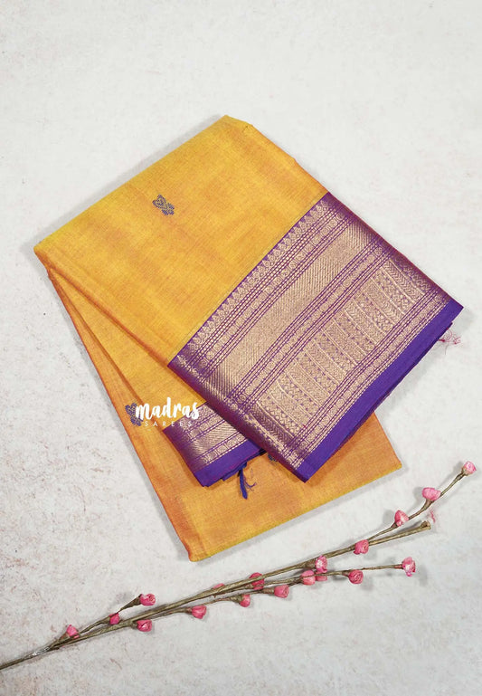Orangish Yellow  - Karthigai silk cotton Bavanji line border with buttas