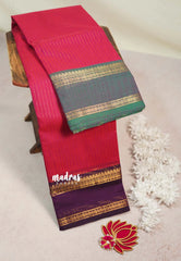 Reddish Pink - Karthigai silk cotton Rettapet Rudraksham Ganga jamuna border with Stripes body - Best for Festive Wear