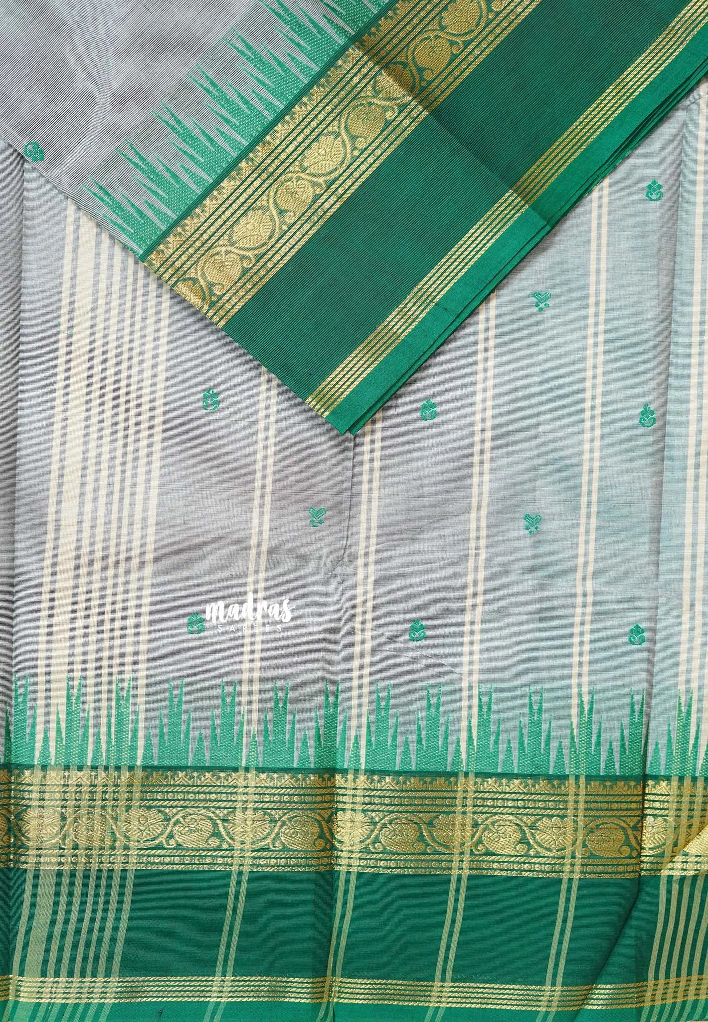 Light Bluish Grey - Karthigai silk cotton Big Temple Border with Buttas