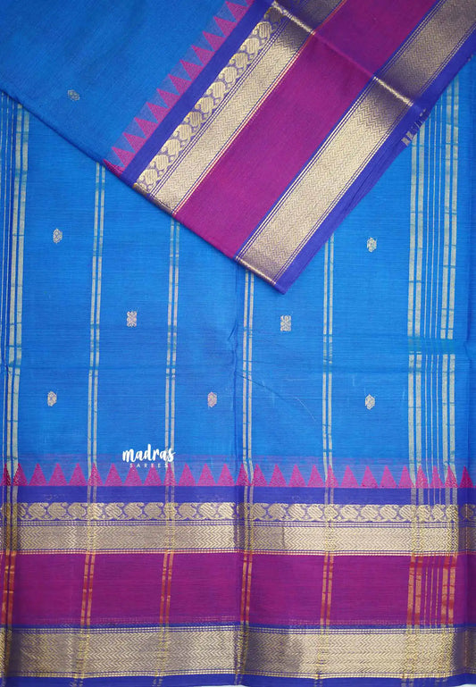 Karthigai silk cotton multi border with temple weaving - Ananda blue