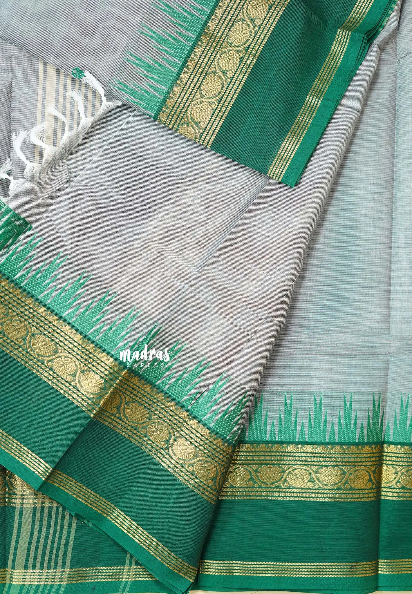 Light Bluish Grey - Karthigai silk cotton Big Temple Border with Buttas