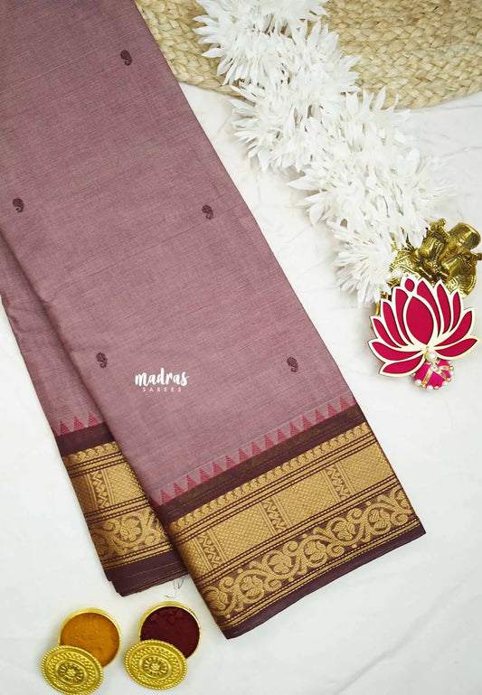 Karthigai silk cotton buttas with bavanji floral border - Pale Onion pink