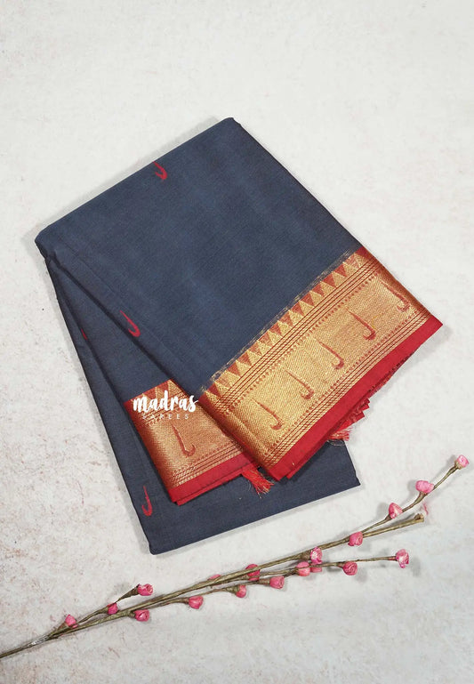 Solid Bluish Grey - Karthigai silk cotton paithani border