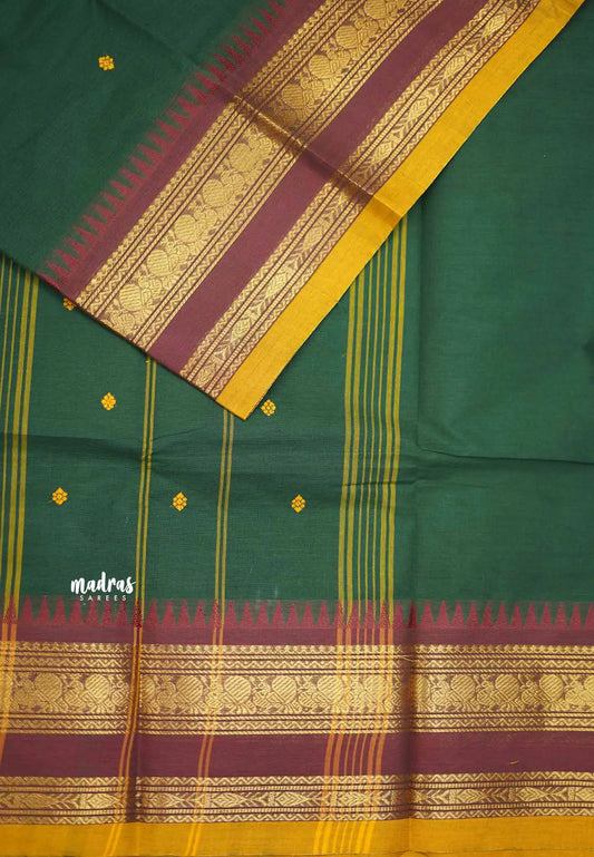 Karthigai silk cotton Rettapet border mayil temple weaving - Green