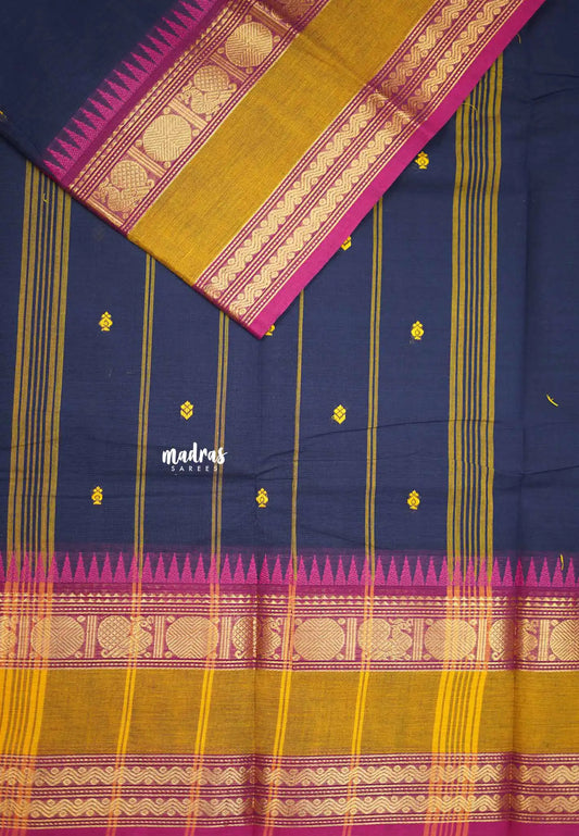 Karthigai silk cotton big rudraksham annam border - Deep navy blue