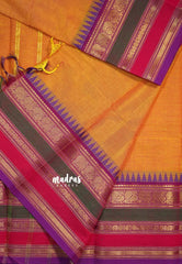 Yellowish Orange - Karthigai Silk Cotton Rudraksham, Peacock and Multi Color Border - Best for Festival Wear