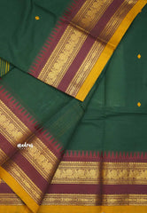 Karthigai silk cotton Rettapet border mayil temple weaving - Green