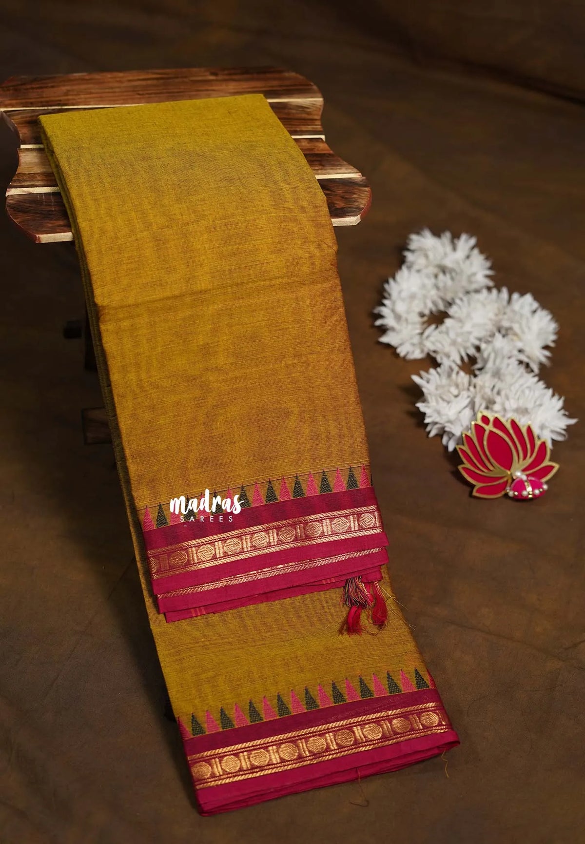 Magic Mustard - Karthigai silk cotton rudraksha with temple weaving border - Best for Small Functins