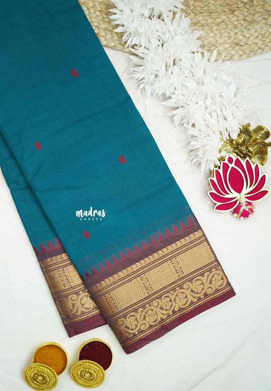 Karthigai silk cotton buttas with bavanji floral border - Peacock blue