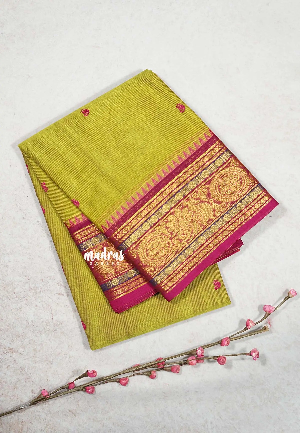 Dual shade Chutney Green - Karthigai silk cotton temple sculpture border with Buttas