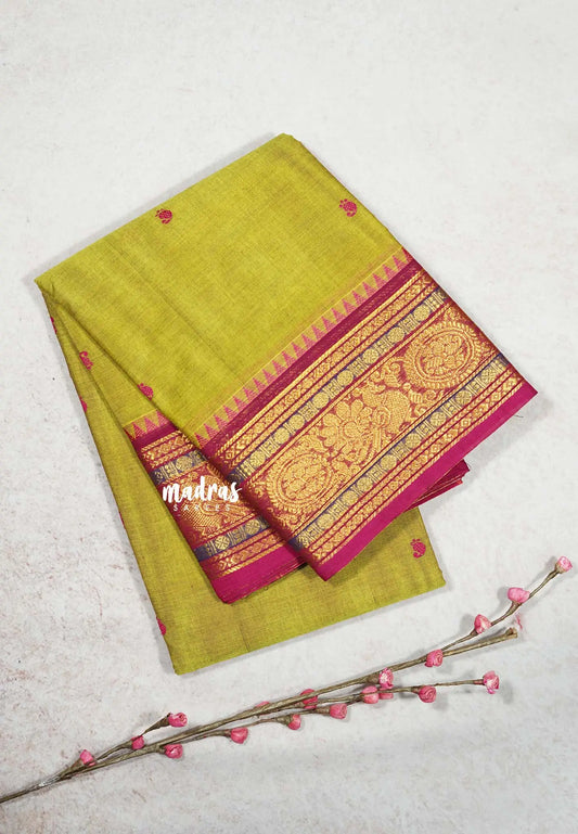 Dual shade Chutney Green - Karthigai silk cotton temple sculpture border with Buttas
