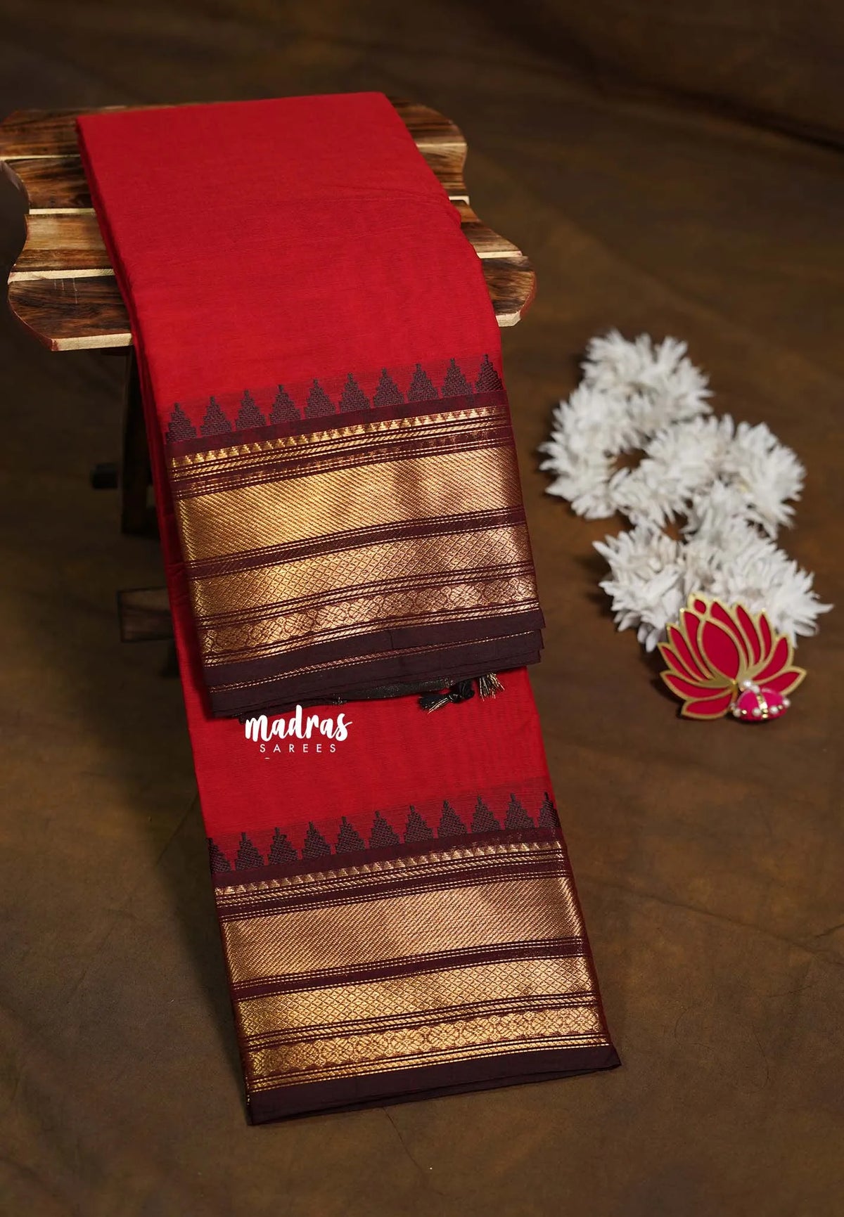 Ruby Red Glow - Karthigai Silk Cotton Bavanji with Temple Border - Best for Wedding Functions