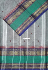 Steel Grey - Karthigai silk cotton with buttas annam small temple rettapet border - Best for Wedding Functions