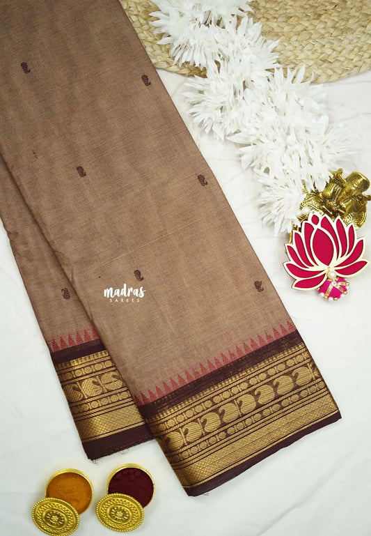 Karthigai silk cotton getti zari with mango border - Light brown