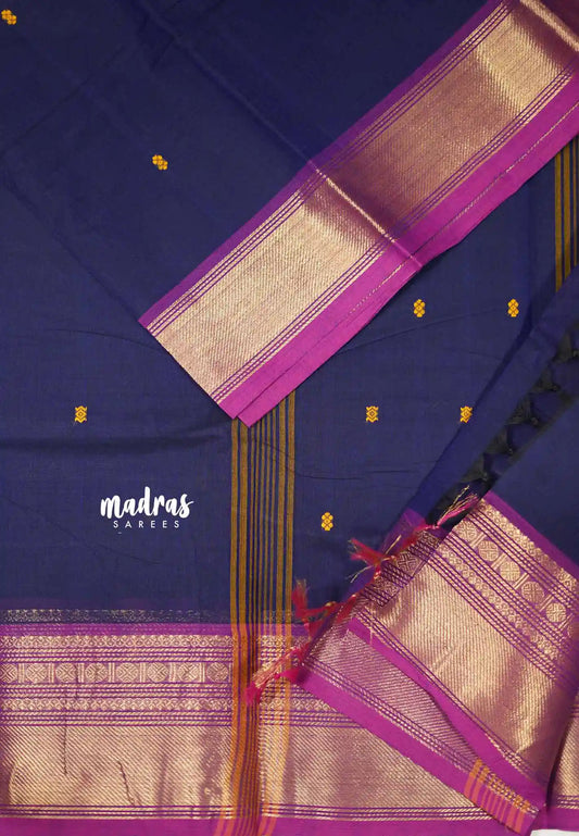 Karthigai silk cotton small rudraksham bavanji border - MS Blue