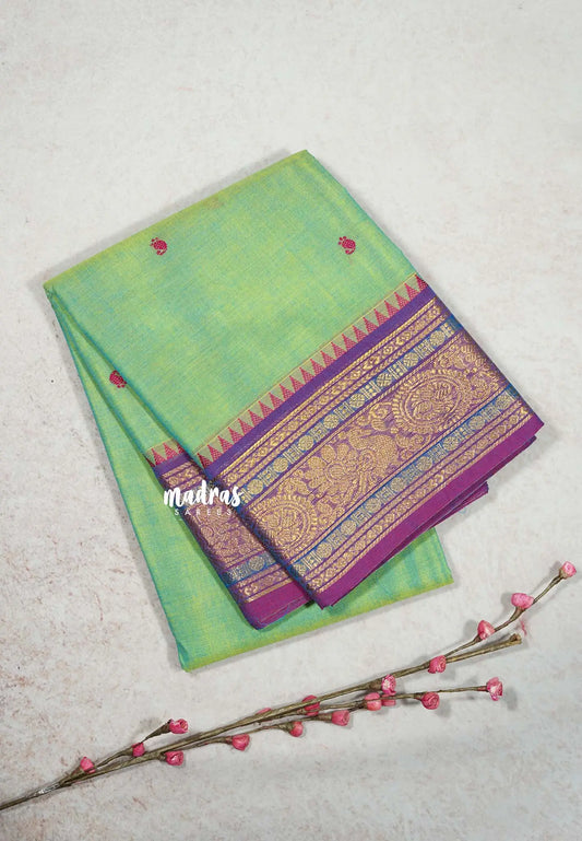 Dual shade Mild Green - Karthigai silk cotton temple sculpture border with Buttas