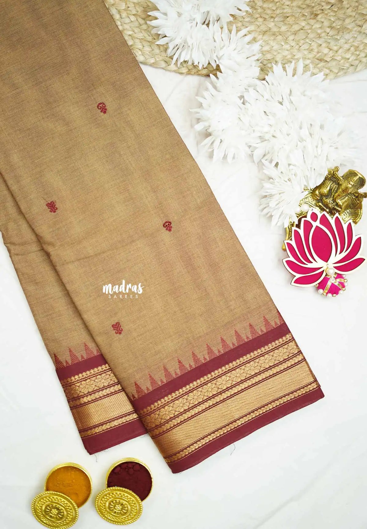 Karthigai silk cotton getti zari with floral border - Mild brown