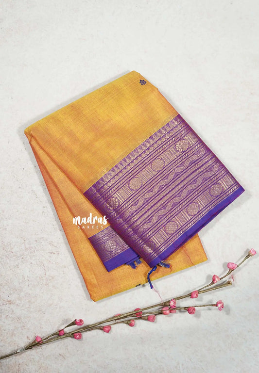 Orangish Yellow - Karthigai silk cotton Rudraksham neli big Border with Buttas in saree