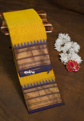 Turmeric Yellow - Karthigai Silk Cotton Bavanji with Temple Border - Best for Wedding Functions