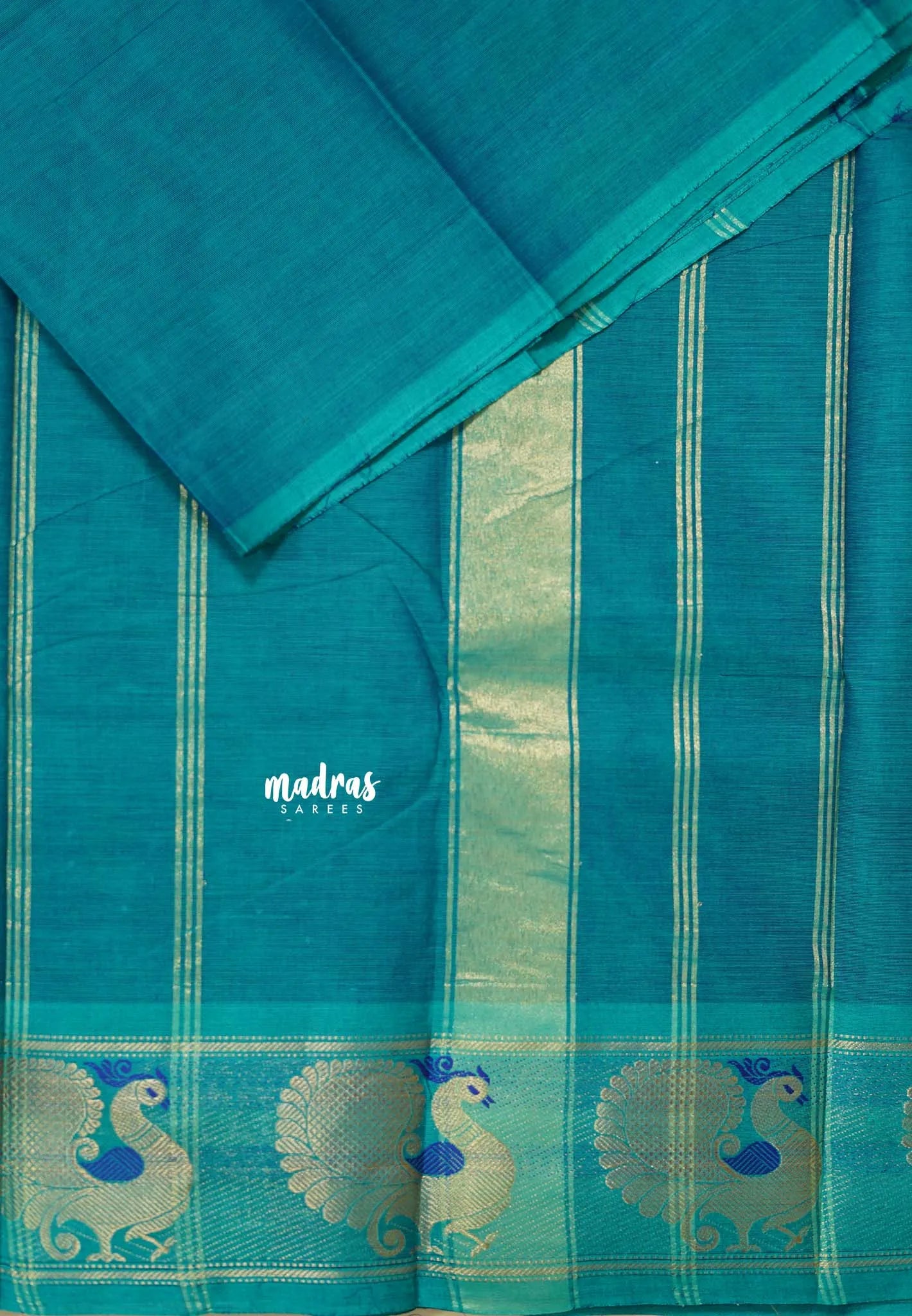 Teal Blue - Karthigai silk cotton plain body with peacock border