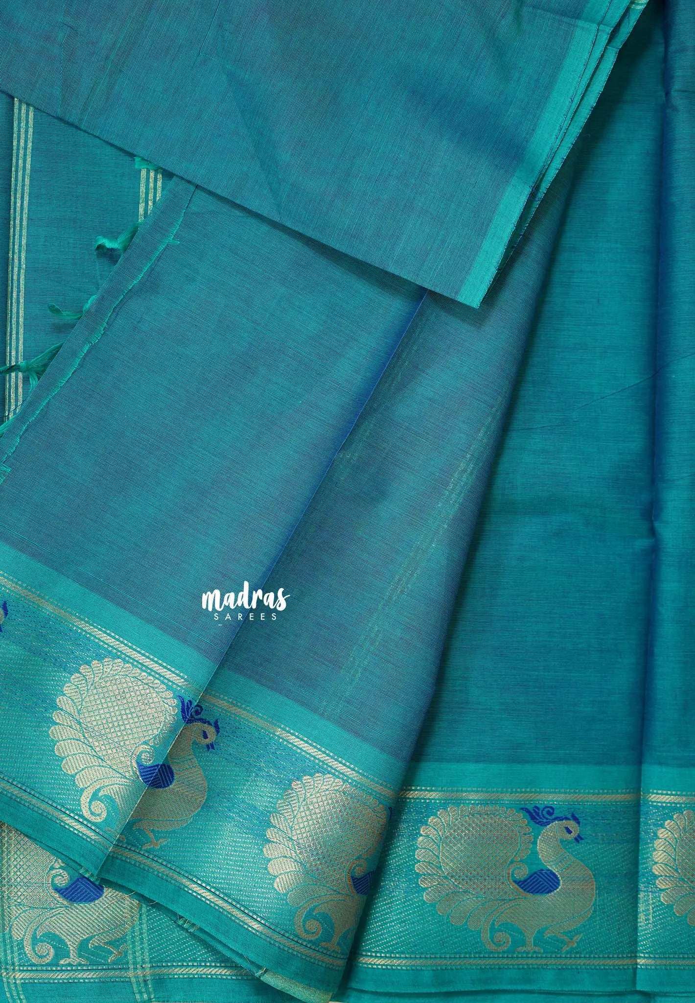 Teal Blue - Karthigai silk cotton plain body with peacock border
