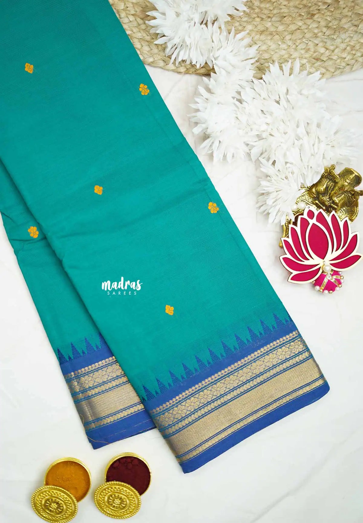 Karthigai silk cotton getti zari with floral border - Teal green