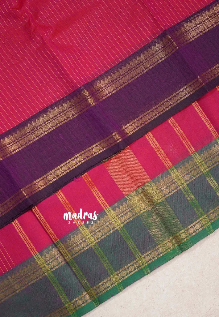 Reddish Pink - Karthigai silk cotton Rettapet Rudraksham Ganga jamuna border with Stripes body - Best for Festive Wear