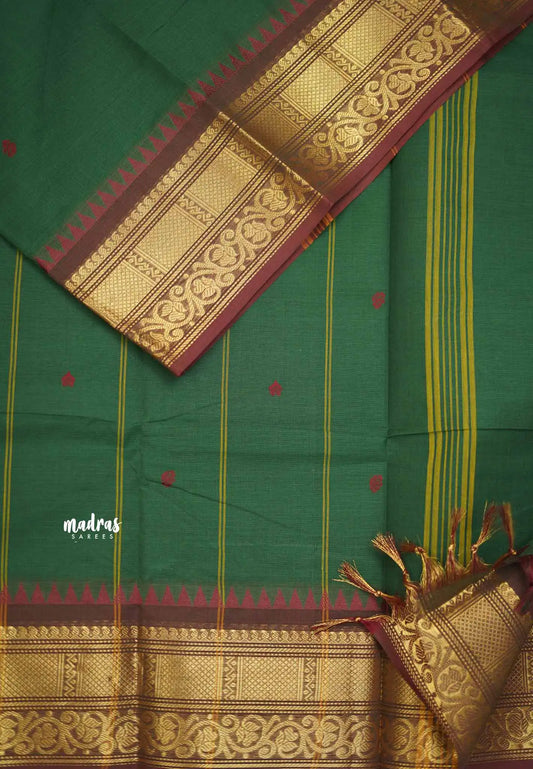 Karthigai silk cotton buttas with bavanji floral border - Green