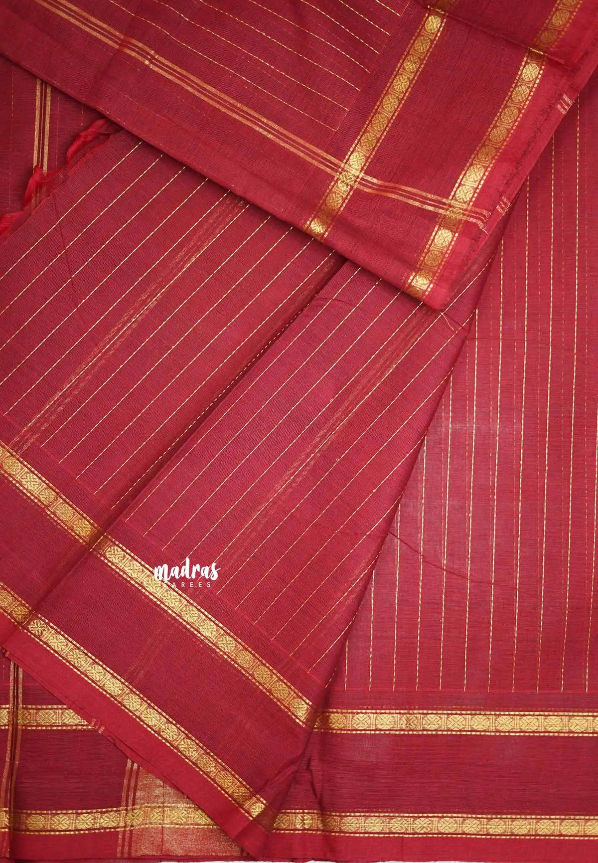 Karthigai silk cotton rettapet border stripes body - Red