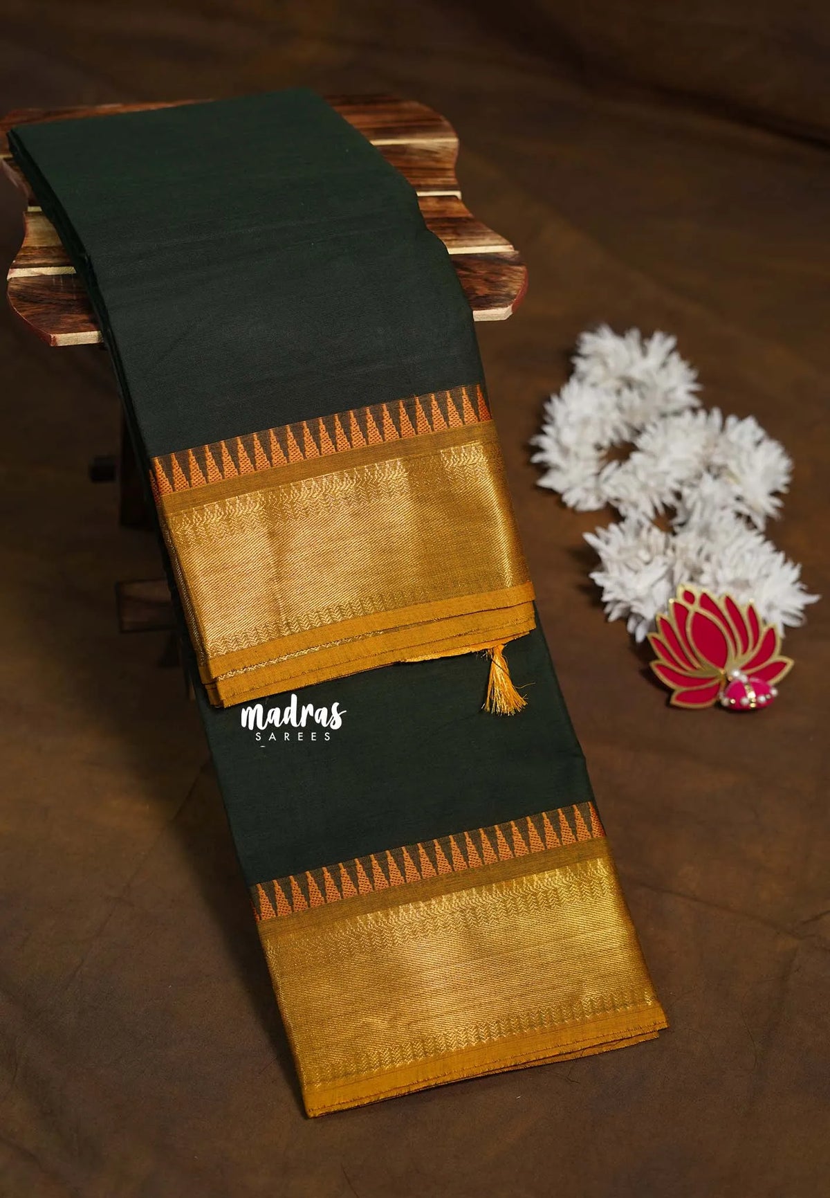 Midnight Emerald Green- Karthigai silk cotton getti zari with small temple border - Best for Wedding Functions
