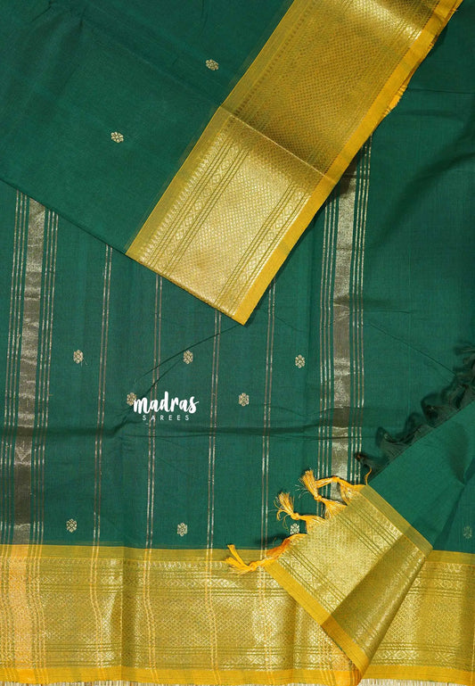 Classic Dark Green - Karthigai silk cotton Bavanji Border with Buttas in saree