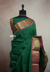 Karthigai silk cotton temple sculpture border - Deep green