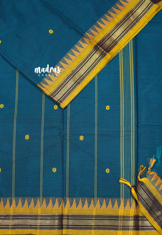 Teal blue - Karthigai silk cotton very small border temple weaving