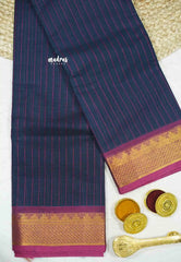 Premium Karthigai silk cotton stripes body with rich pallu - Navy blue