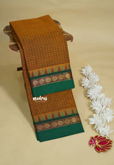 Mustard Brown - Karthigai silk cotton muthu kattam checks saree Rudraksham with Temple Border - Best for Temple Visit