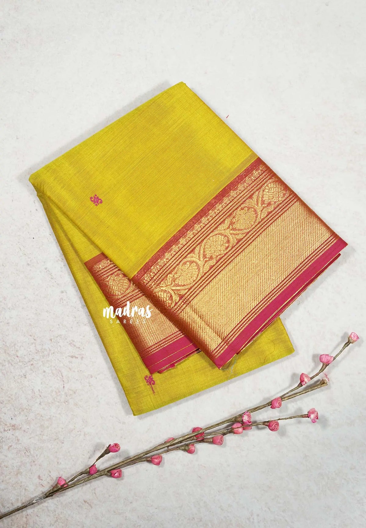 Greenish Yellow  - Karthigai silk cotton Bavanji Flower border with buttas