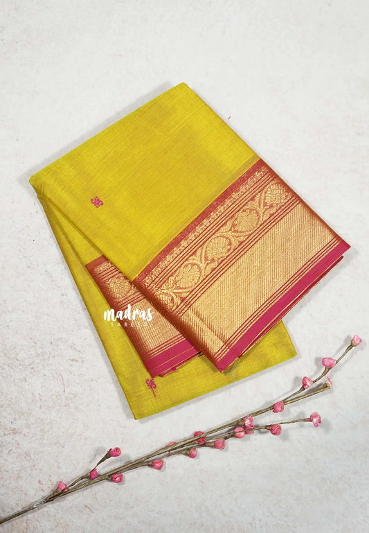 Greenish Yellow  - Karthigai silk cotton Bavanji Flower border with buttas
