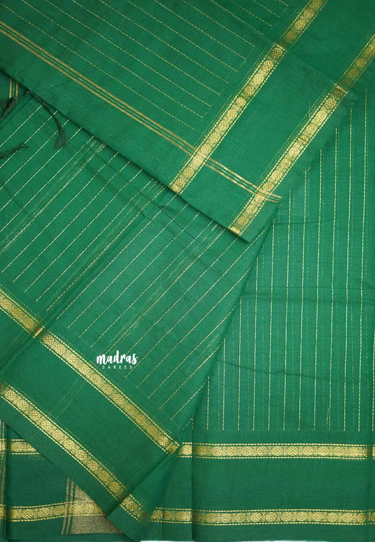 Karthigai silk cotton rettapet border stripes body - Green