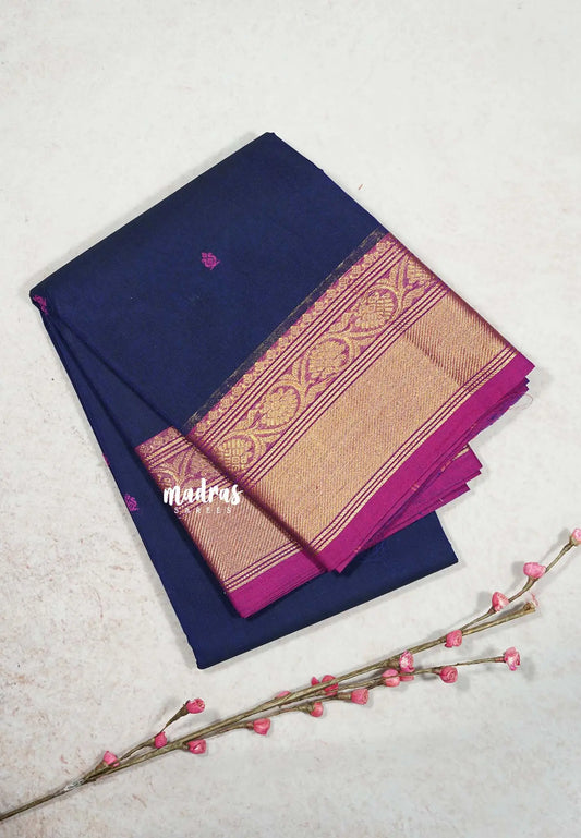 Navy Blue  - Karthigai silk cotton Bavanji and Flower border with buttas
