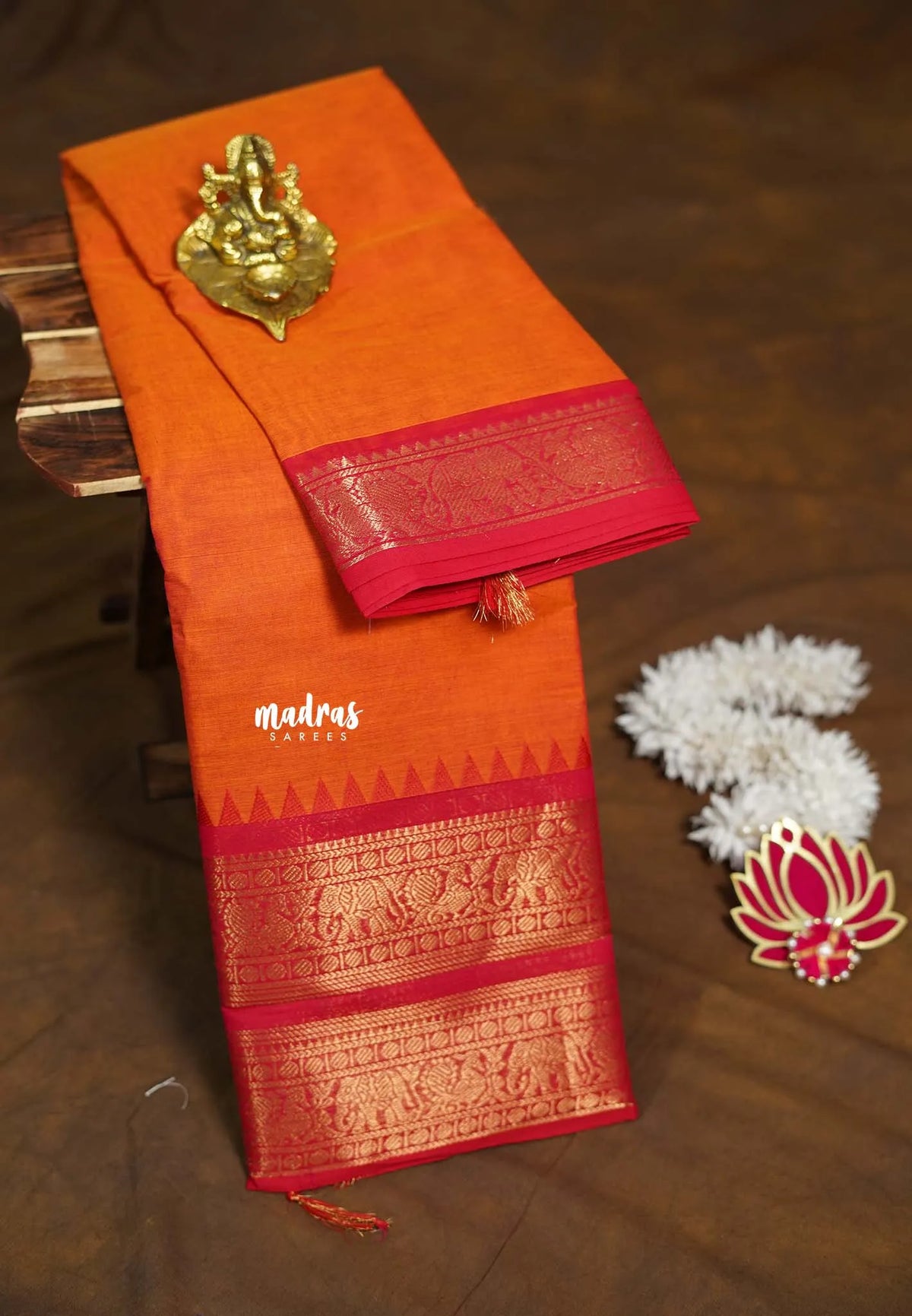Sunset Orange - Karthigai silk cotton plain body annam yanai double border - Best for Wedding Functions
