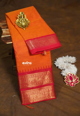 Sunset Orange - Karthigai silk cotton plain body annam yanai double border - Best for Wedding Functions
