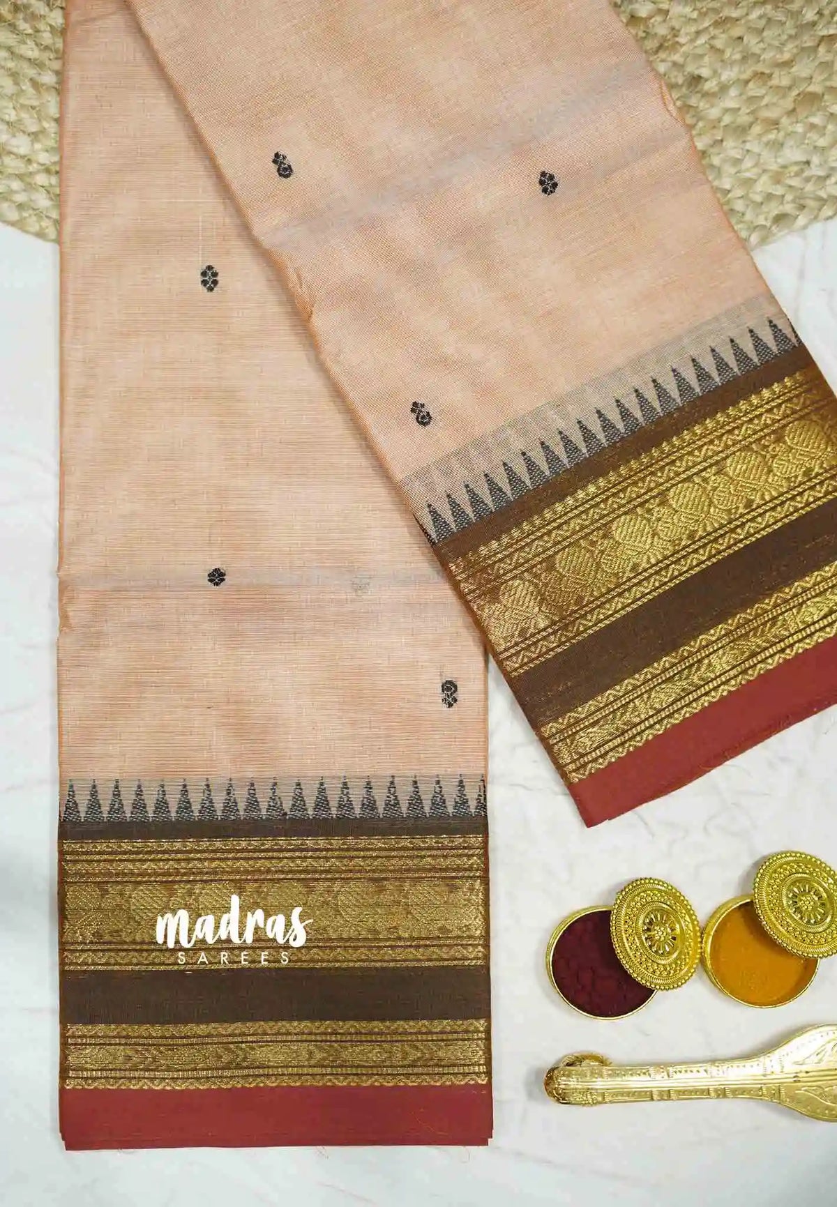 Karthigai silk cotton Rettapet border mayil temple weaving - Beige orange