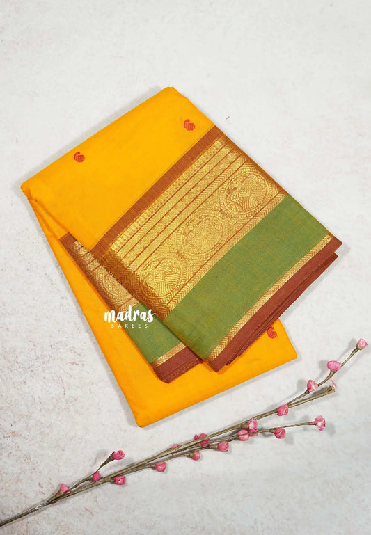Yellowish Orange - Karthigai silk cotton rudraksham skirt border with buttas
