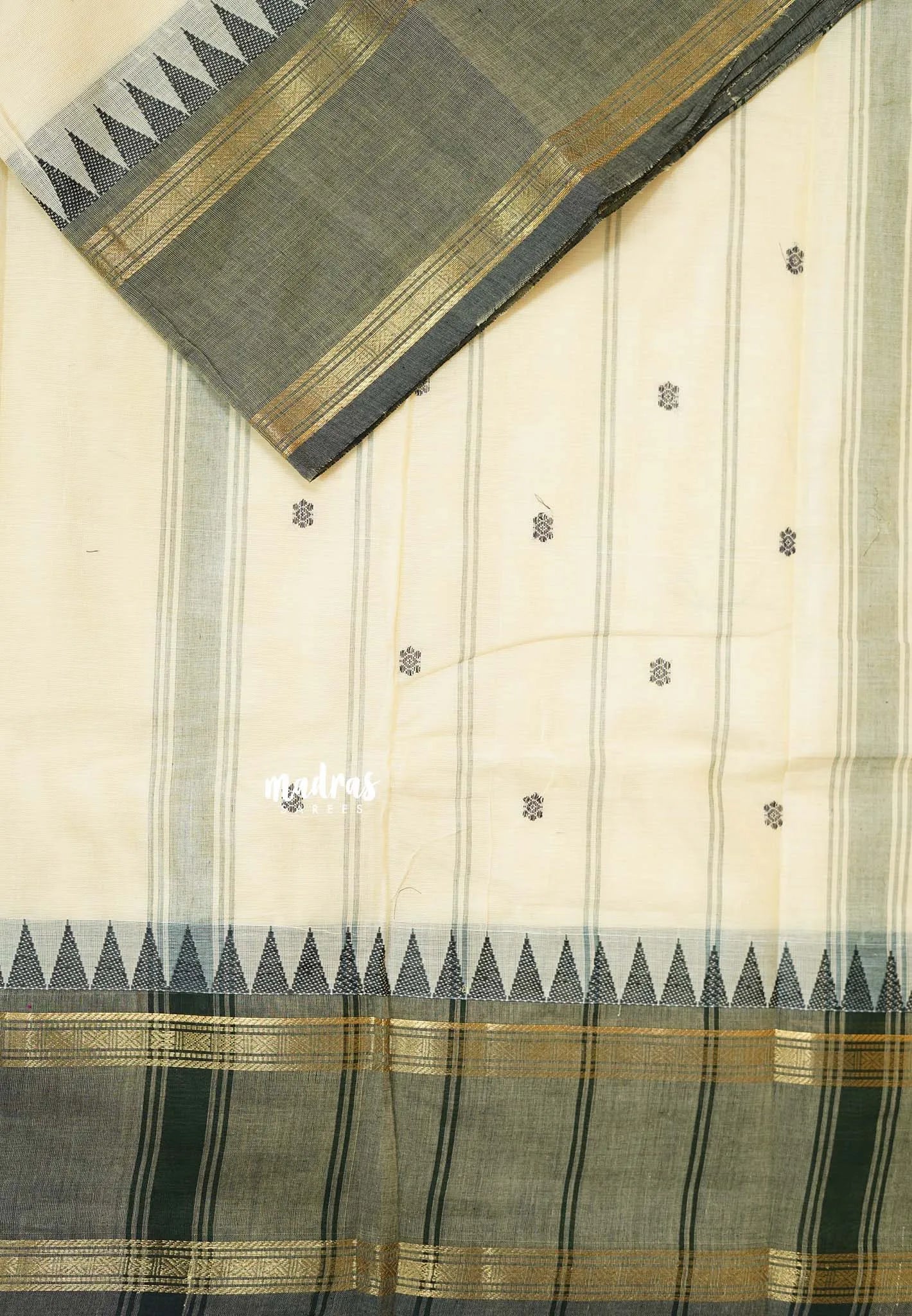 Beige Sandal - Karthigai silk cotton rettapet temple border with Buttas