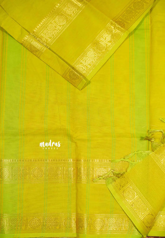 Greenish yellow - Karthigai silk cotton plain body rettapet border single color