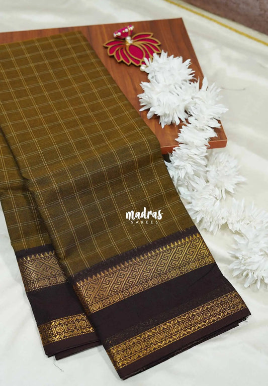 Mehendi brown - Karthigai silk cotton big muthu kattam getti border